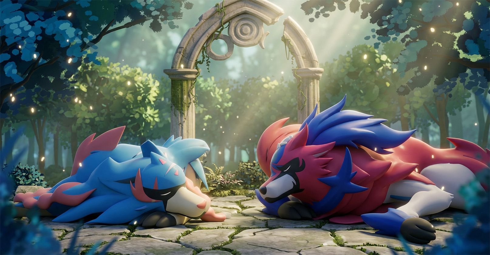 Zacian et Zamazenta endormis face à face sous une arche de pierre en forêt