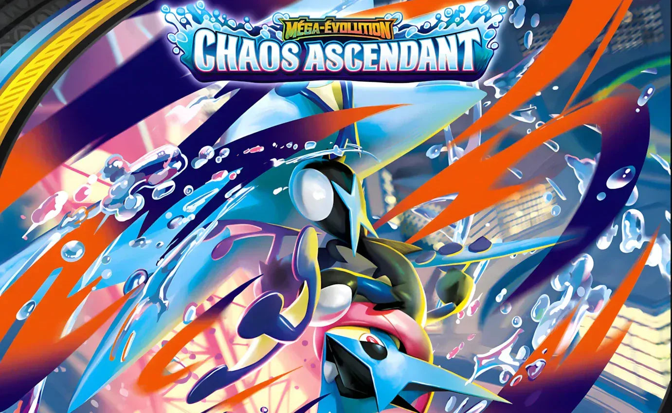 Bannière Pokémon Chaos Ascendant ME04, Méga-Amphinobi en action fond orange et bleu éclaboussures