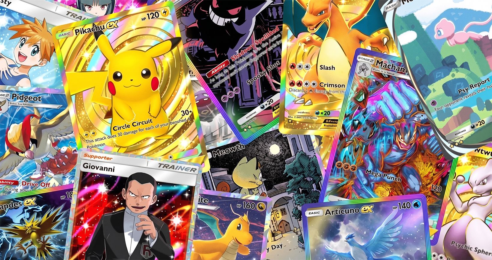 Cartes JCC Pokémon Pocket éparpillées dont Pikachu ex, Dracaufeu et Mewtwo