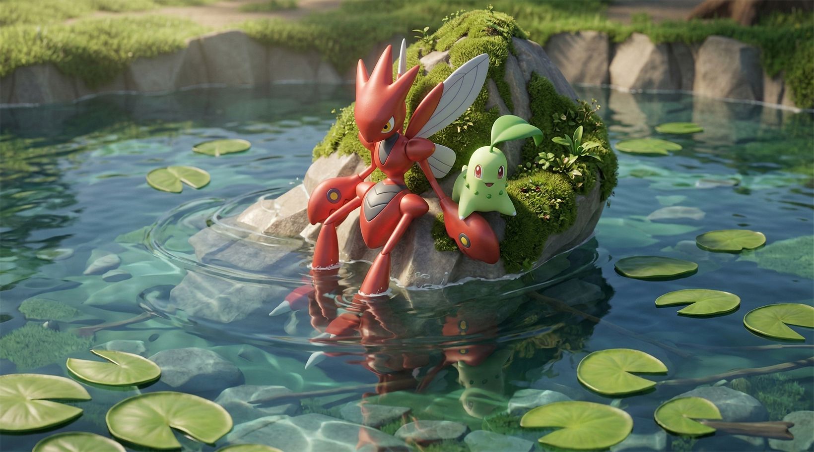 Cizayox et Germignon sur un rocher au milieu d’un étang