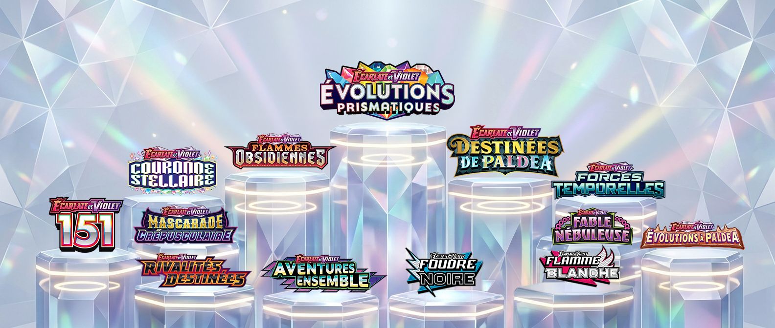 Visuel de classement des extensions Pokémon Écarlate et Violet avec plusieurs logos sur des podiums