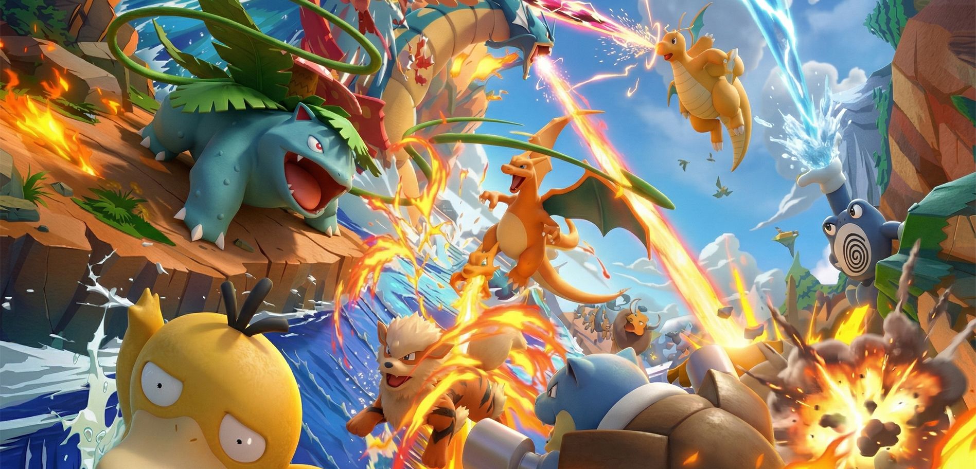 Combat Pokémon avec Dracaufeu, Florizarre et Tortank dans un décor explosif
