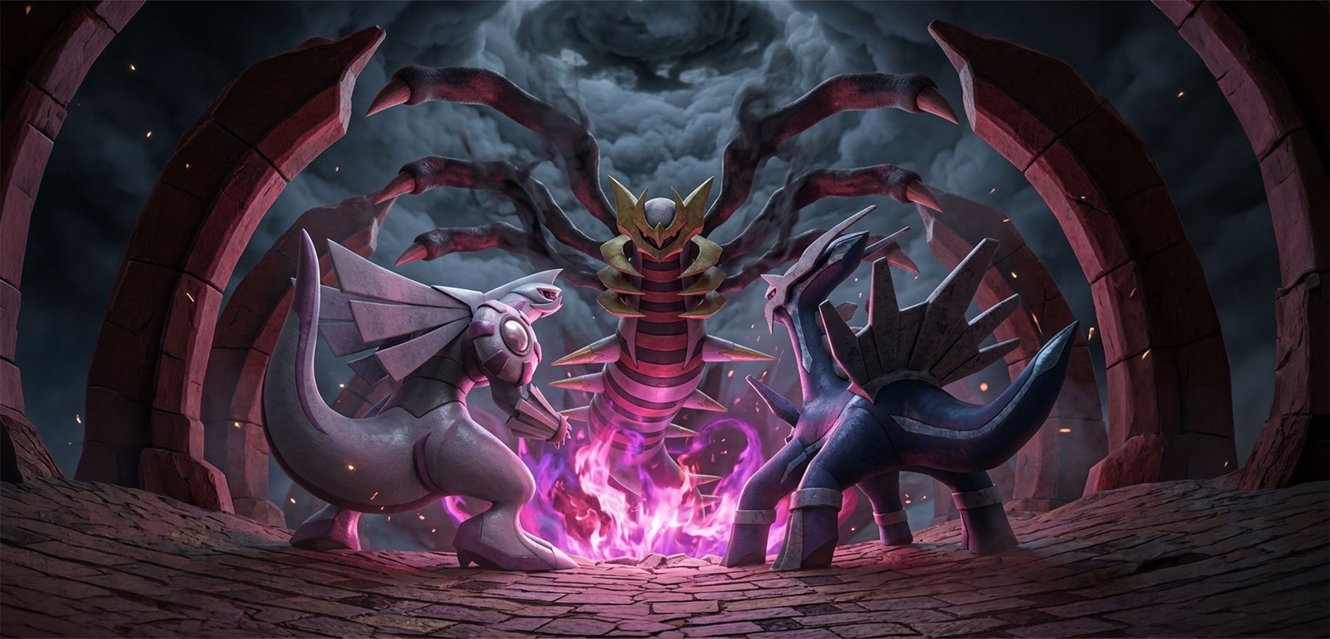 Illustration de Dialga et Palkia face à Giratina dans un combat légendaire sombre