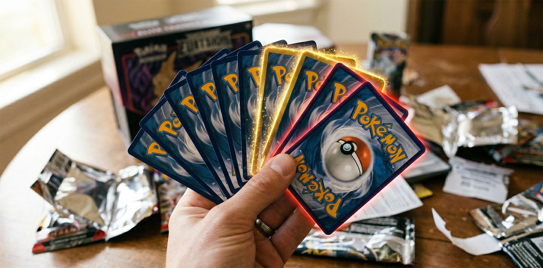 Main tenant des cartes Pokémon en éventail avec une carte rare dorée mise en valeur