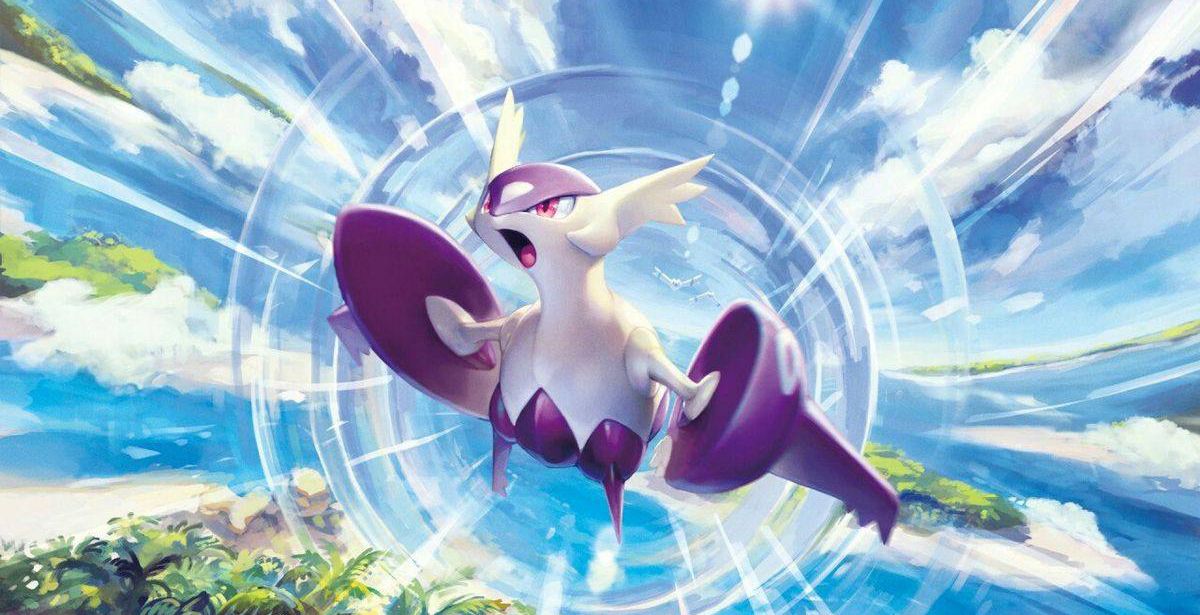 Illustration carte Pokémon Milobellus volant dans un ciel bleu avec un anneau d'énergie circulaire