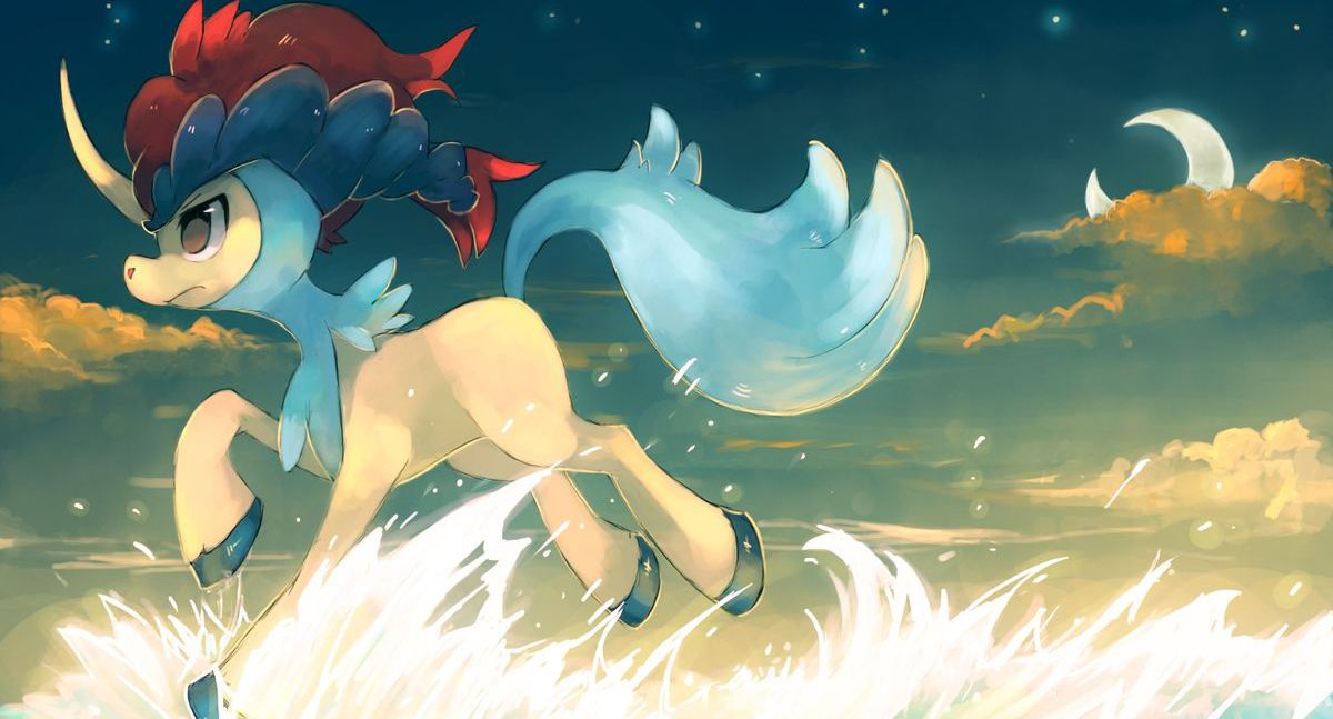 Keldeo forme ordinaire galopant sous un ciel nocturne étoilé