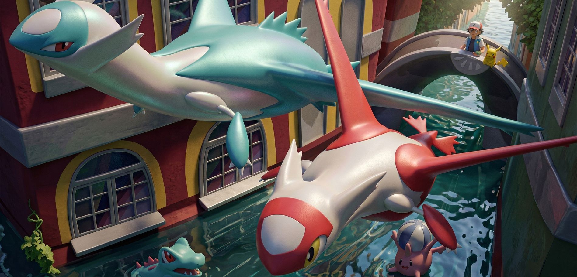 Latios et Latias volant au-dessus d’un canal de ville Pokémon avec Pikachu