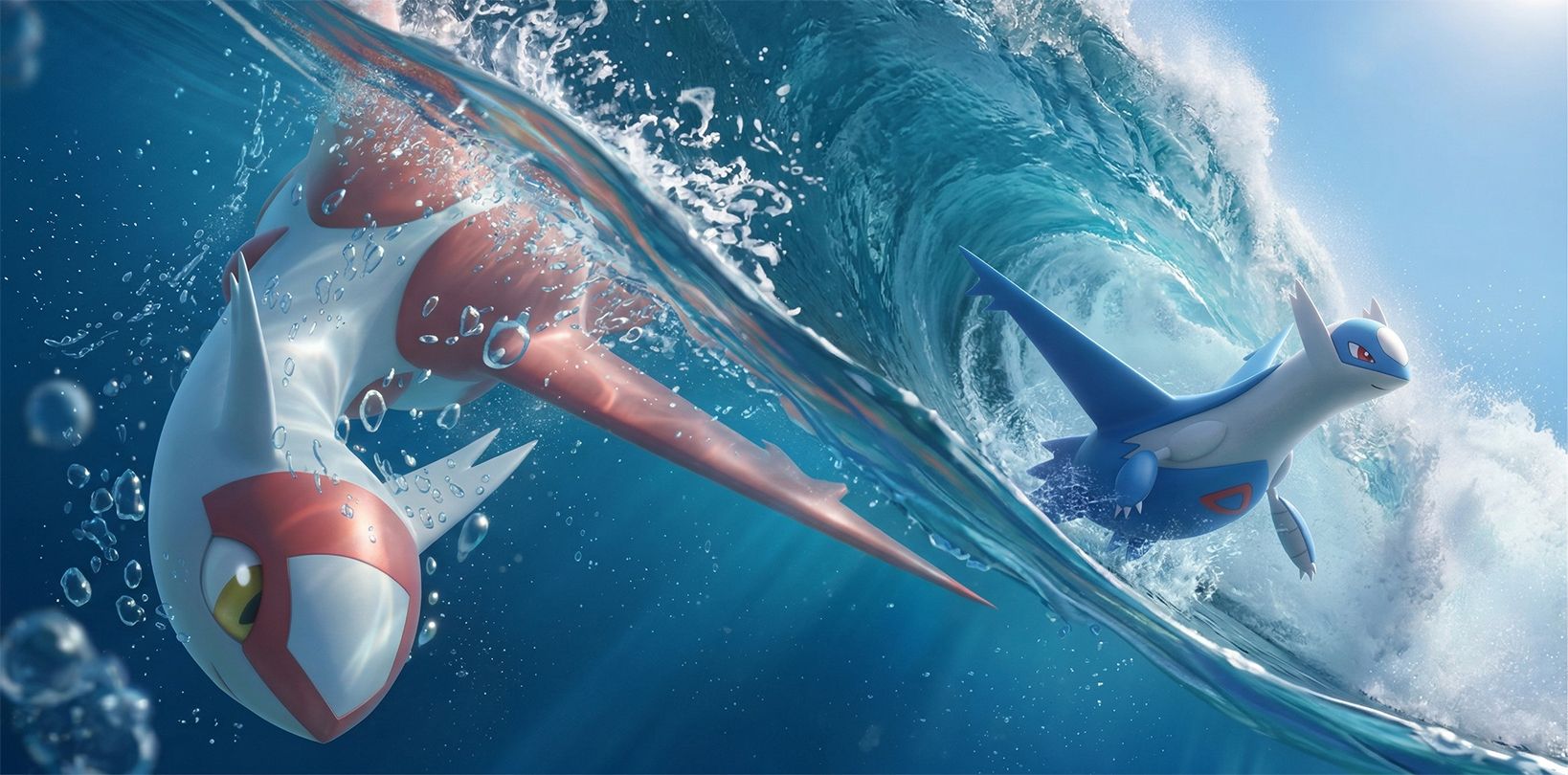 Latios et Latias surfant une vague océan réaliste en rendu 3D cinématique