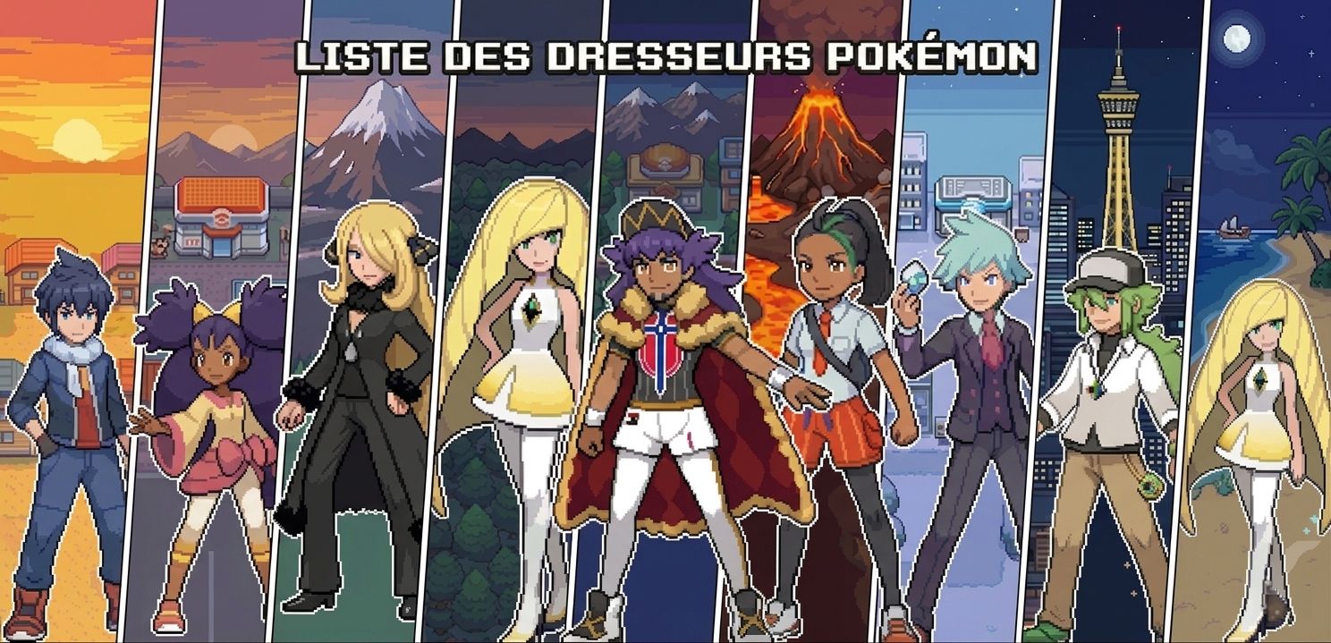 Liste des dresseurs Pokémon en pixel art avec décors de différentes régions