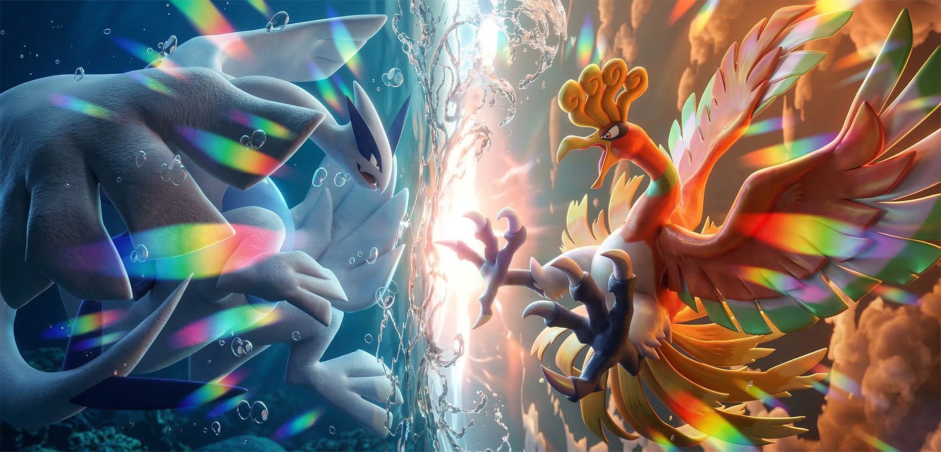Illustration de Lugia face à Ho-Oh dans un duel entre eau et feu