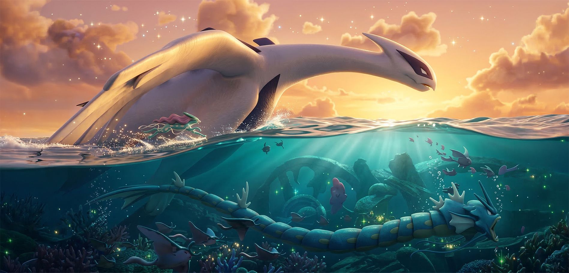 Illustration de Lugia sur l’océan avec des Pokémon marins sous l’eau au coucher du soleil