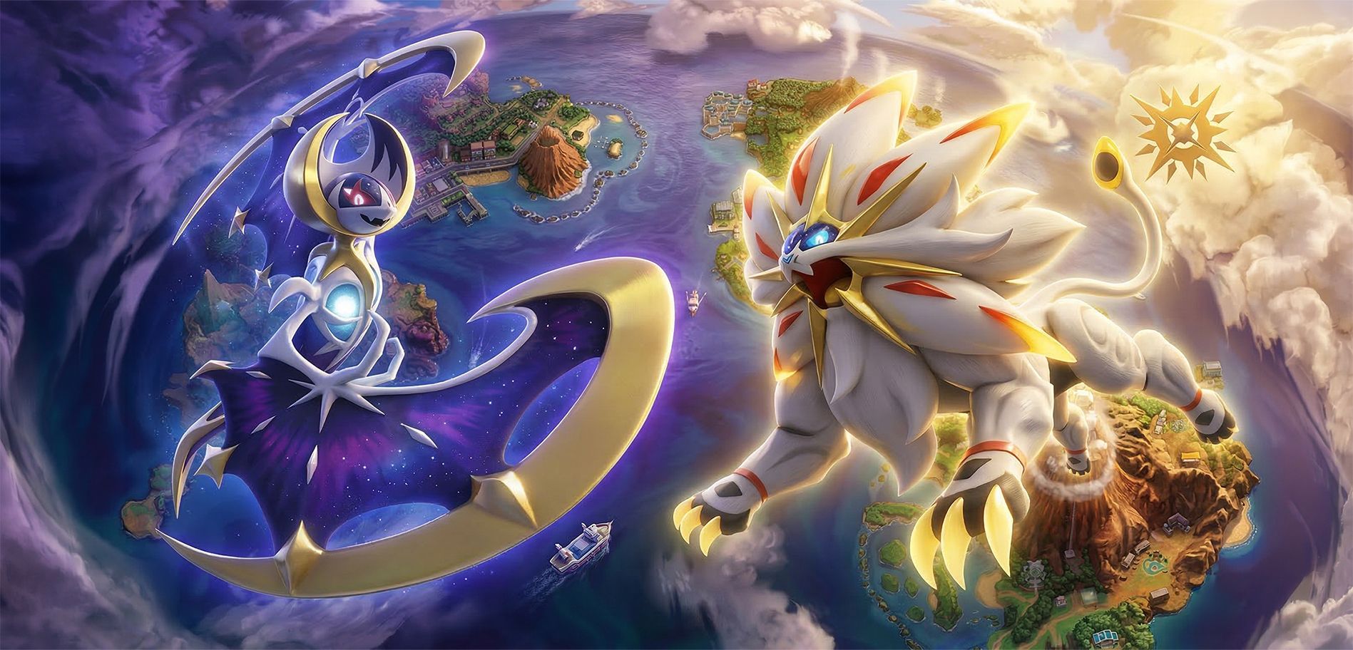 Illustration de Lunala et Solgaleo dans une scène légendaire inspirée d’Alola