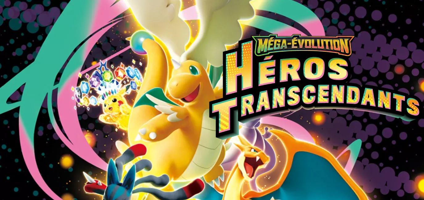 Illustration Pokémon Méga-Évolution Héros Transcendants avec Dracolosse, Dracaufeu et Pikachu