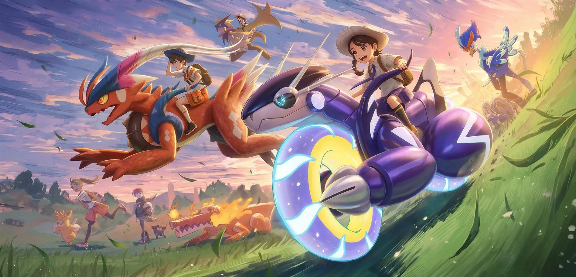 Illustration de Koraidon et Miraidon avec des dresseurs dans une scène d’aventure Pokémon