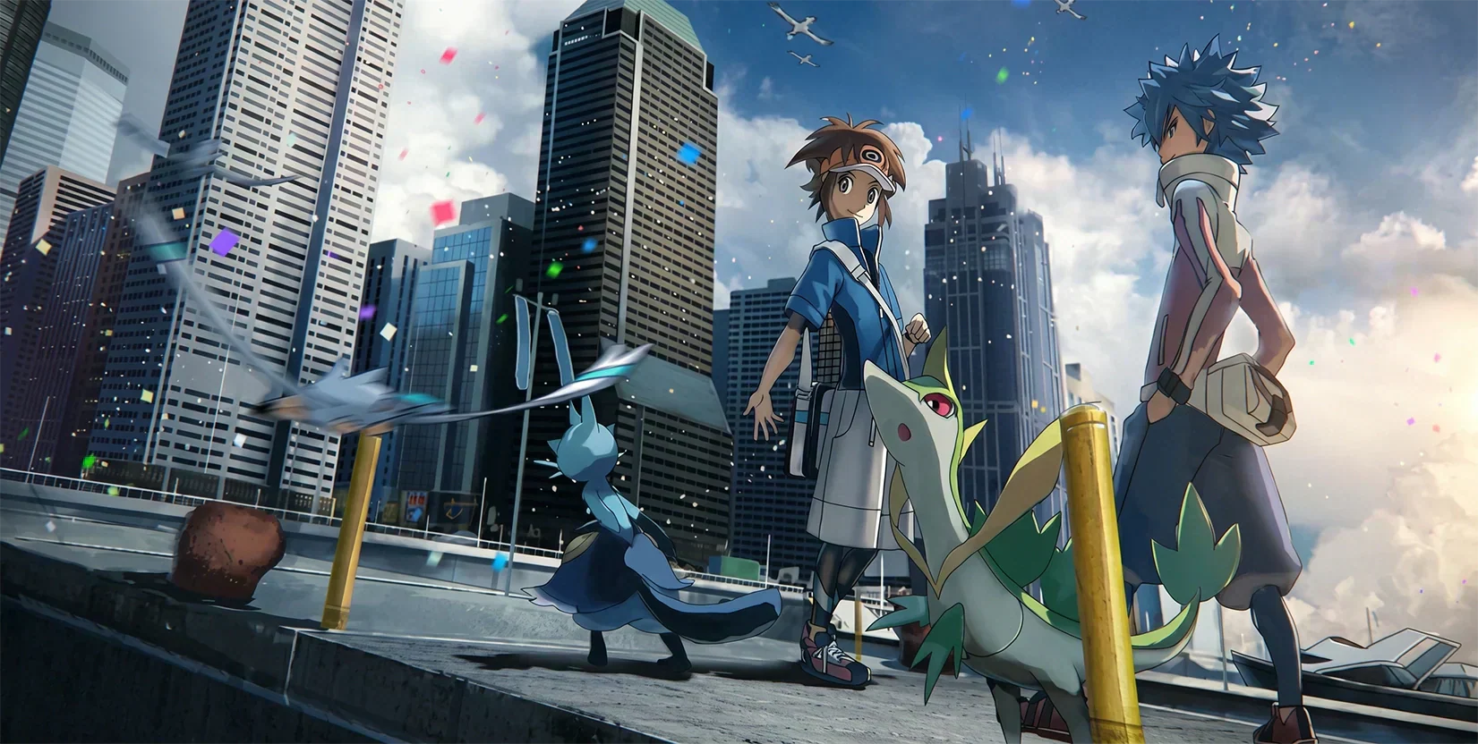 Illustration semi-réaliste de Hilbert et Nate dans une ville de l'univers Pokémon Noir et Blanc, accompagnés de leurs Pokémon
