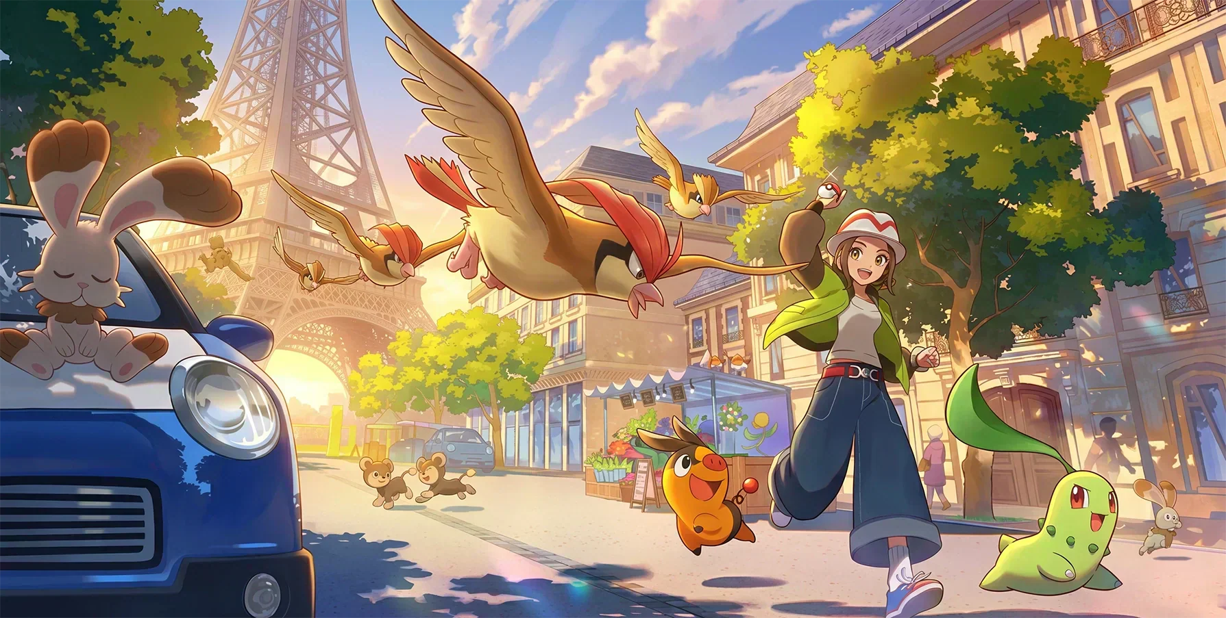 Illustration Pokémon Paris – dresseuse et ses Pokémon devant la Tour Eiffel