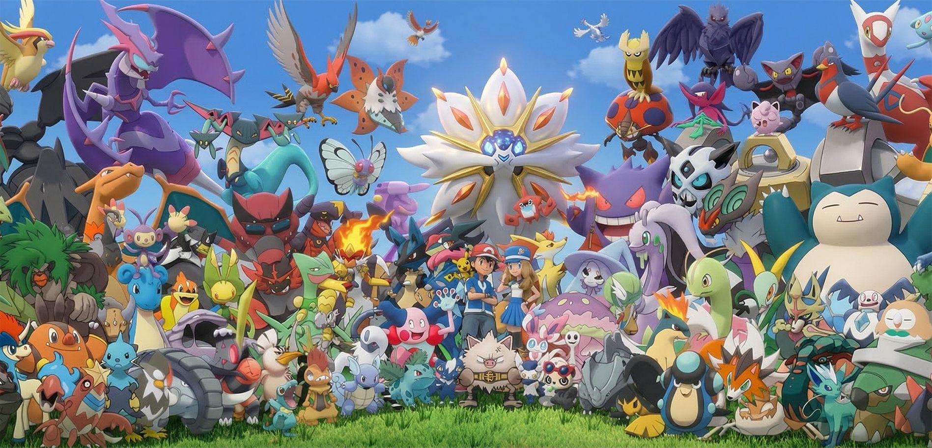 Illustration rassemblant de nombreux Pokémon et dresseurs sur une scène de groupe