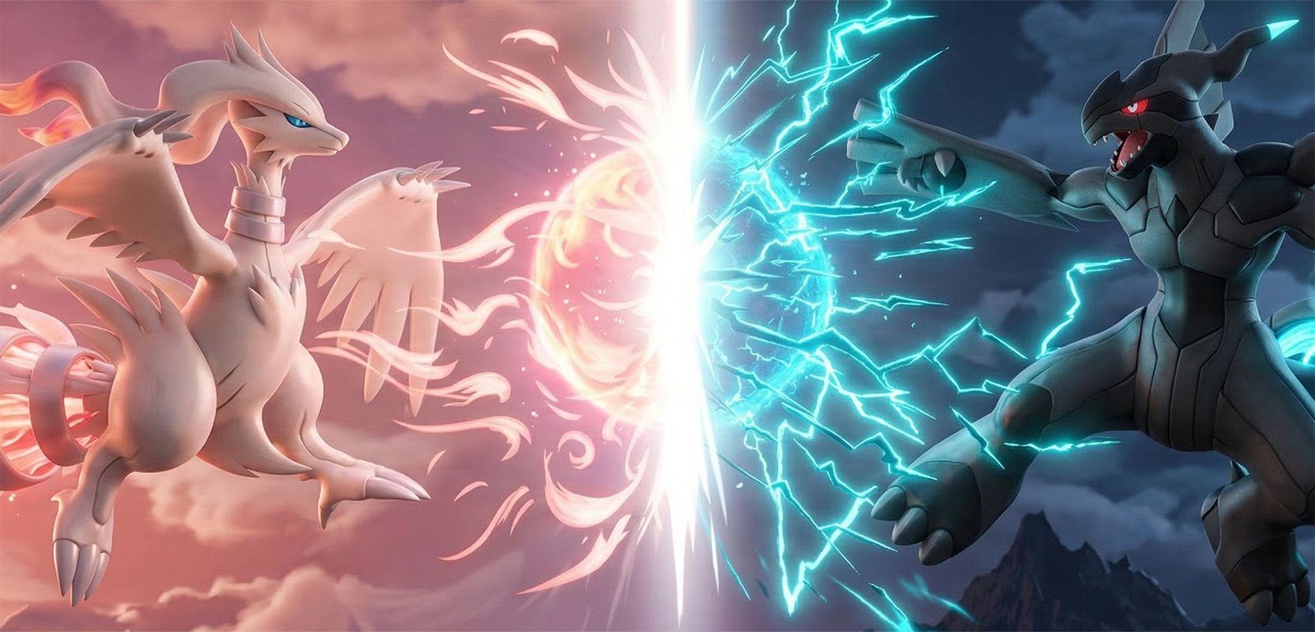 Illustration de Reshiram face à Zekrom dans un duel entre feu et foudre