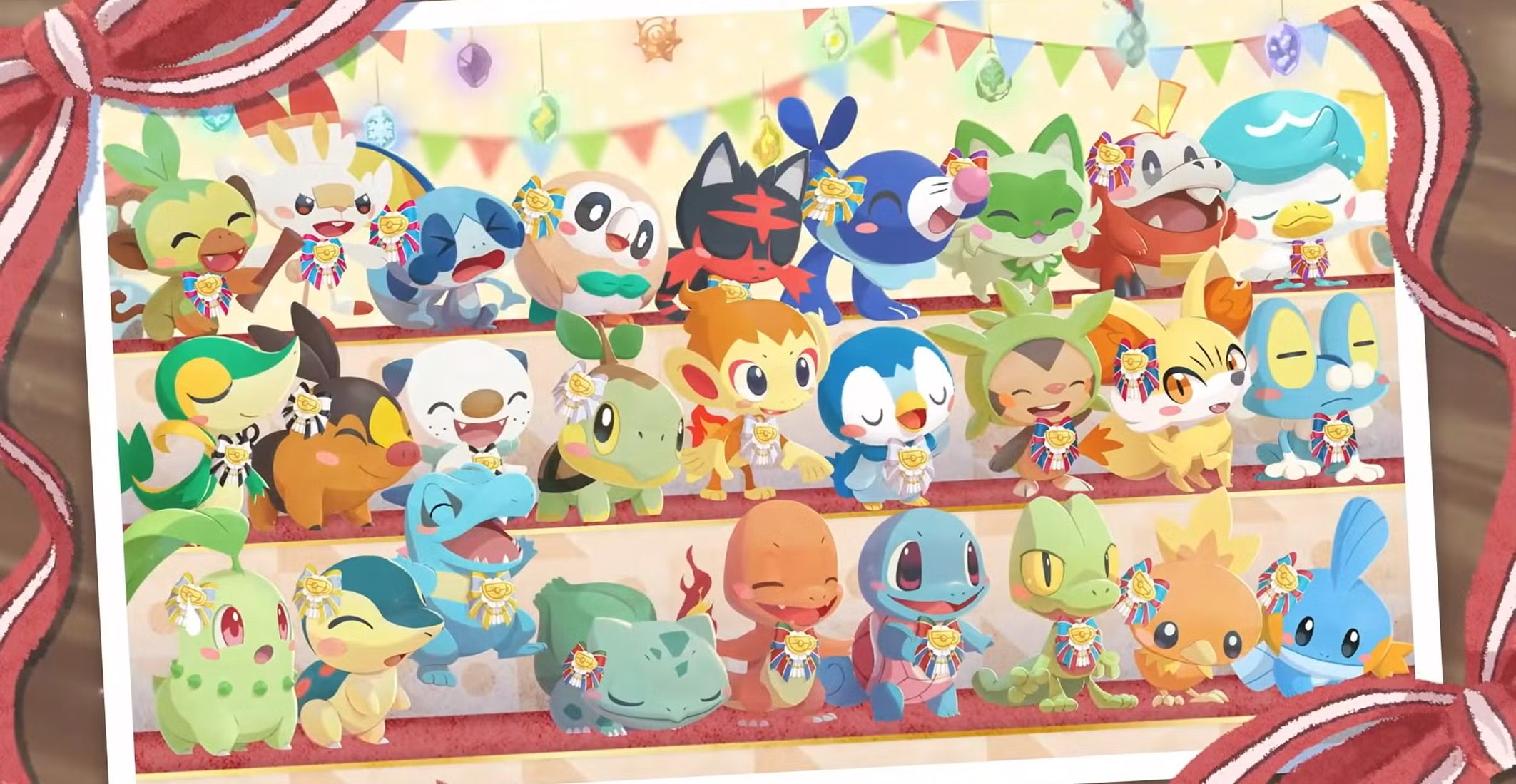 Illustration réunissant les starters Pokémon de plusieurs générations, de Bulbizarre à Coiffeton