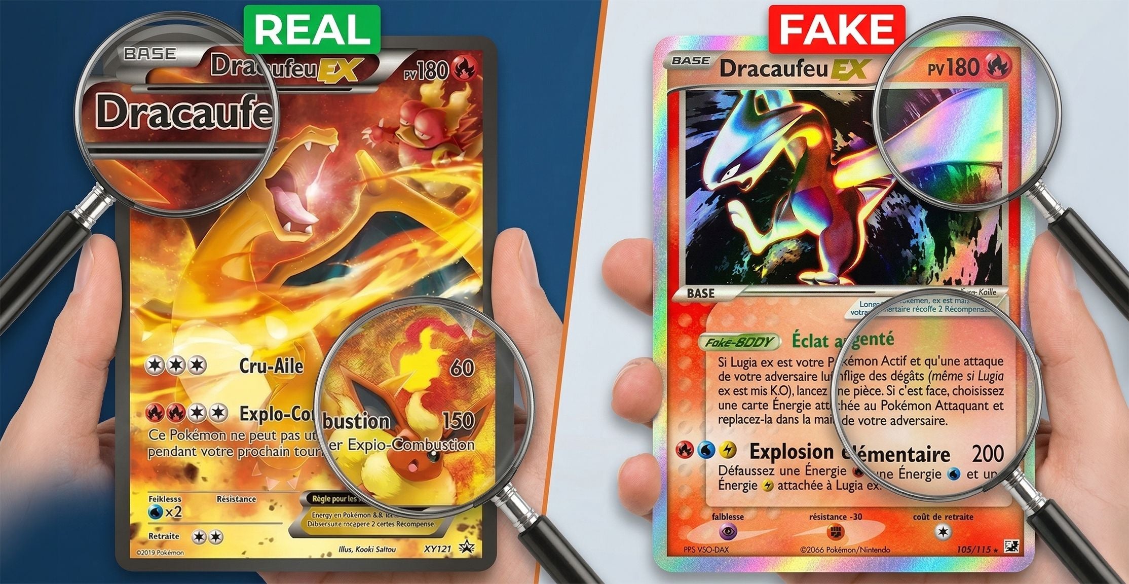 Comparatif entre une vraie et une fausse carte Pokémon Dracaufeu avec zoom sur les détails d’impression