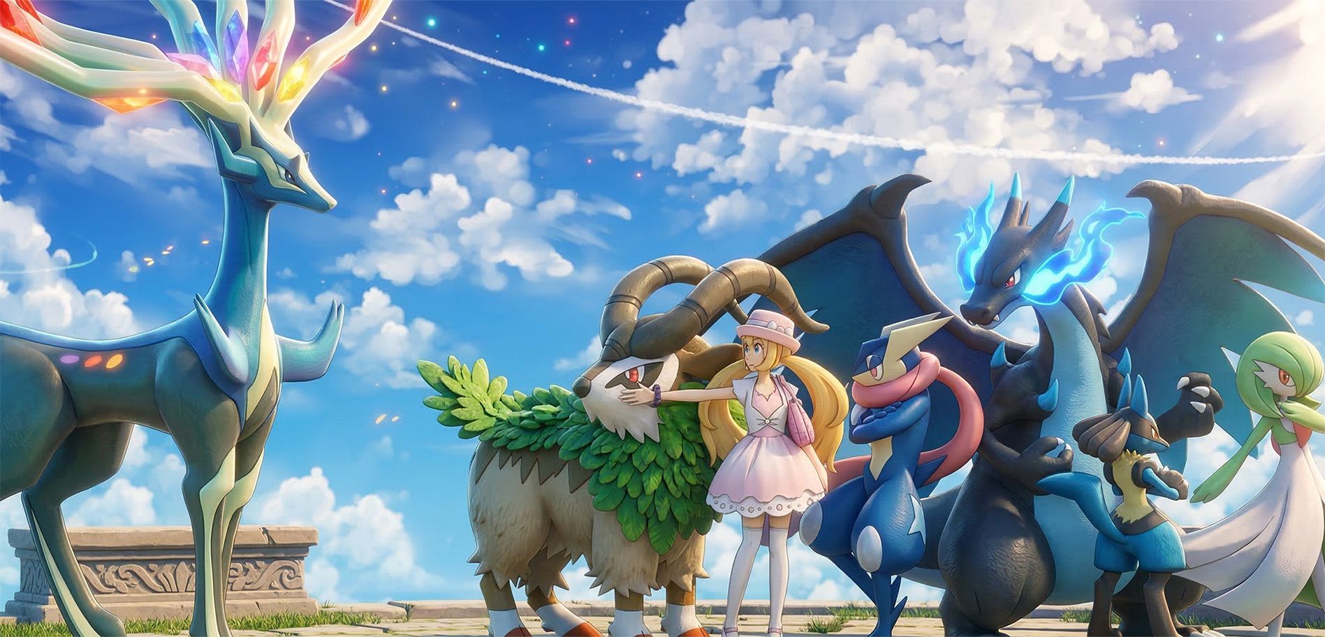 Illustration de Xerneas avec Serena et plusieurs Pokémon dans une scène inspirée de Kalos