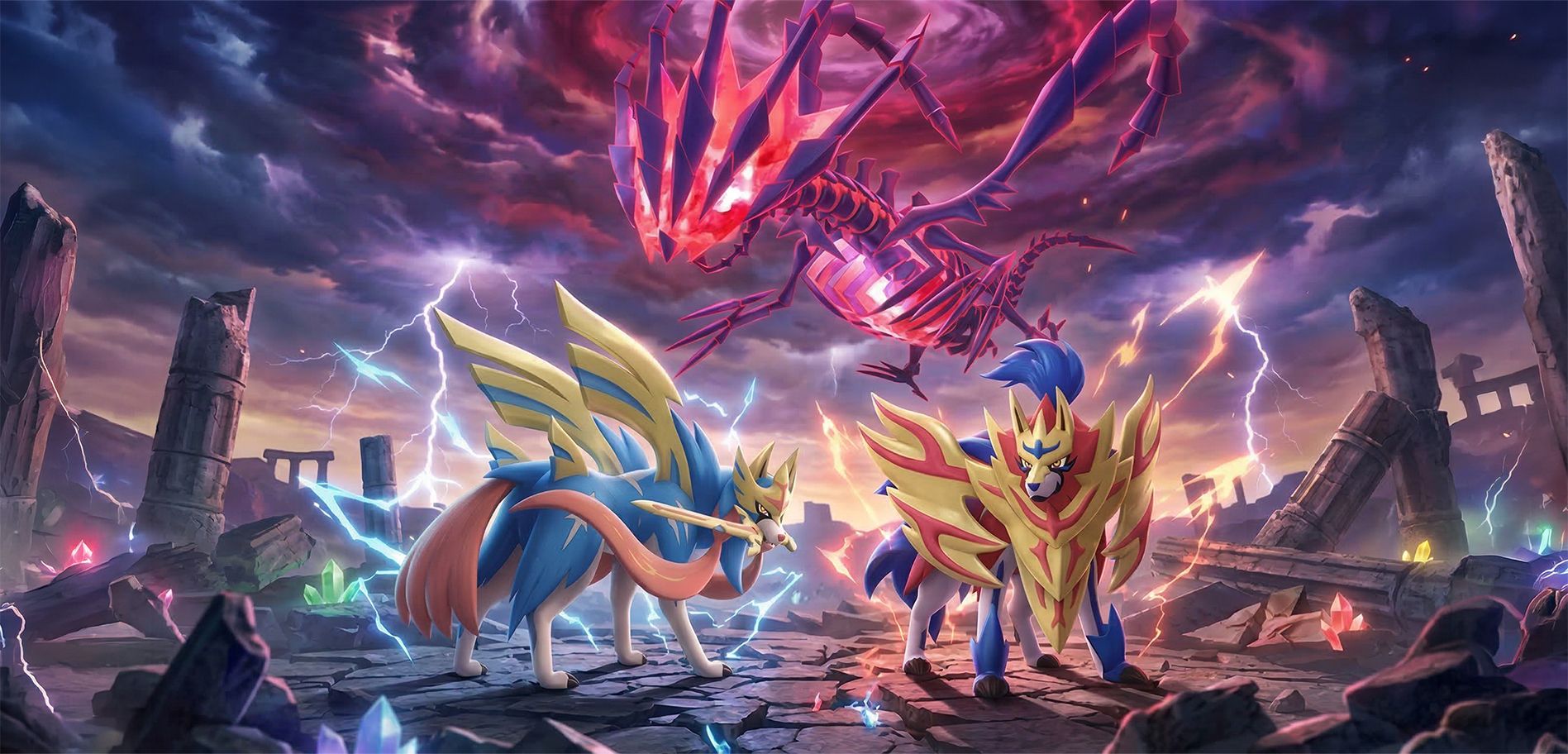 Illustration de Zacian et Zamazenta face à Eternatus dans un combat légendaire