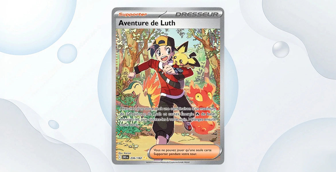 Carte Supporter Aventure de Luth 236/182 Rivalités Destinées EV10, Special Illustration Rare Luth en veste rouge courant avec Pichu sur l'épaule Héricendre et Gruikui autour fond forêt