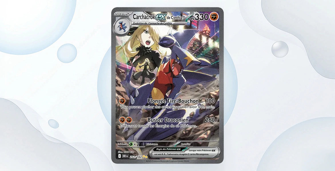 Carte Carchacrok ex de Cynthia 232/182 Rivalités Destinées EV10, Special Illustration Rare Carchacrok bleu et rouge avec Cynthia blonde en décor urbain nocturne, 330 PV type Combat, attaques Plongée Tire-Bouchon 100 et Buster Draconien 260