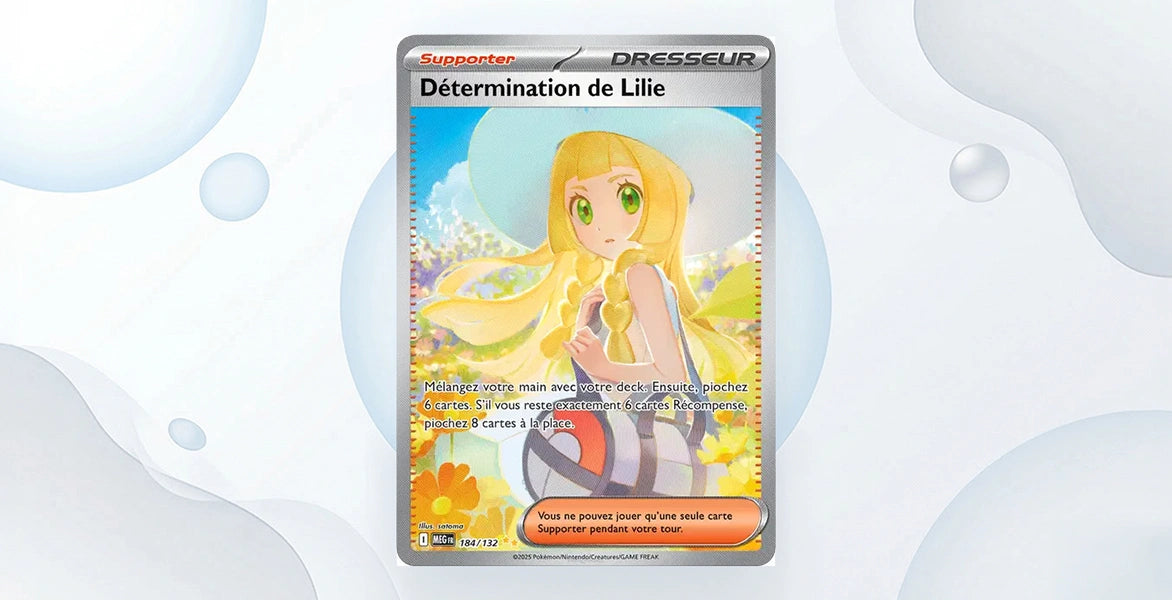Carte Supporter Détermination de Lilie 184/132 Méga-Ascension ME01, Special Illustration Rare illustration Lilie blonde chapeau blanc fond fleurs jaunes et bleues