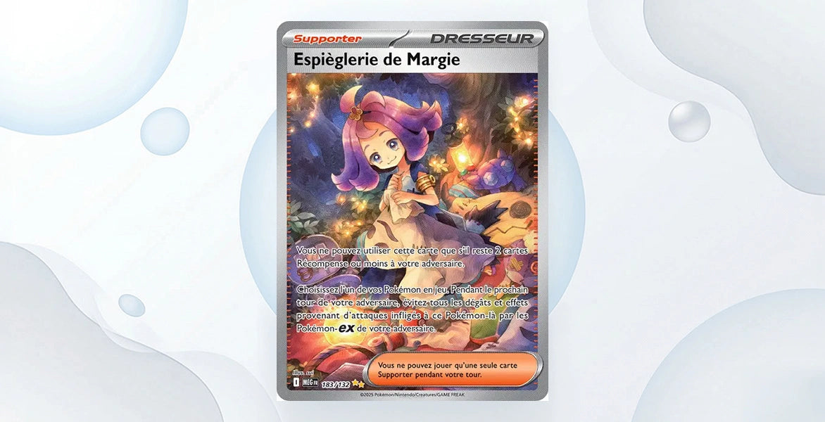 Carte Supporter Espièglerie de Margie 183/132 Méga-Ascension ME01, Special Illustration Rare illustration Margie cheveux roses fond forêt étoilée avec Nidorino et Clefairy