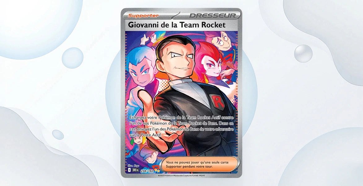 Carte Supporter Giovanni de la Team Rocket 238/182 Rivalités Destinées EV10, Special Illustration Rare Giovanni costume noir avec membres de la Team Rocket Jessie et James fond coloré pop