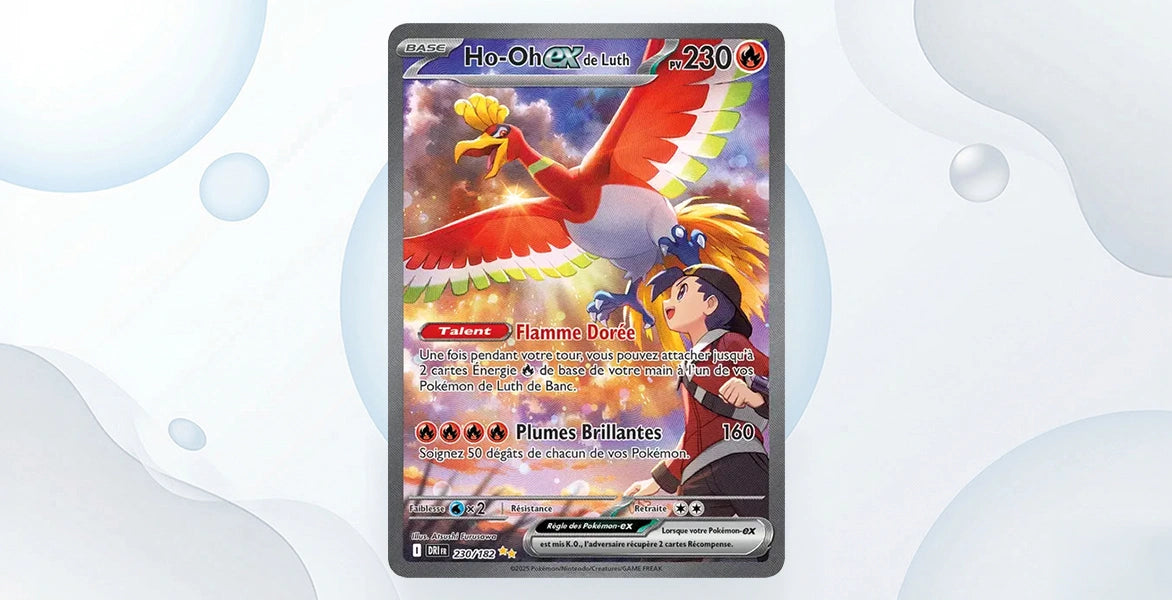 Carte Ho-Oh ex de Luth 230/182 Rivalités Destinées EV10, Special Illustration Rare Ho-Oh multicolore en plein vol avec Luth dresseur fond lumières dorées, 230 PV type Feu, talent Flamme Dorée et attaque Plumes Brillantes 160
