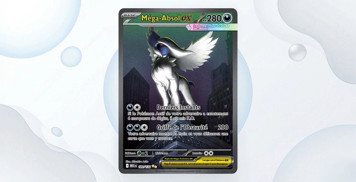 Carte Méga-Absol ex 180/132 Méga-Ascension ME01, Special Illustration Rare illustration sombre ville nocturne Méga-Absol blanc et noir, 280 PV type Obscurité, attaques Derniers Instants et Griffe de l'Obscurité 200
