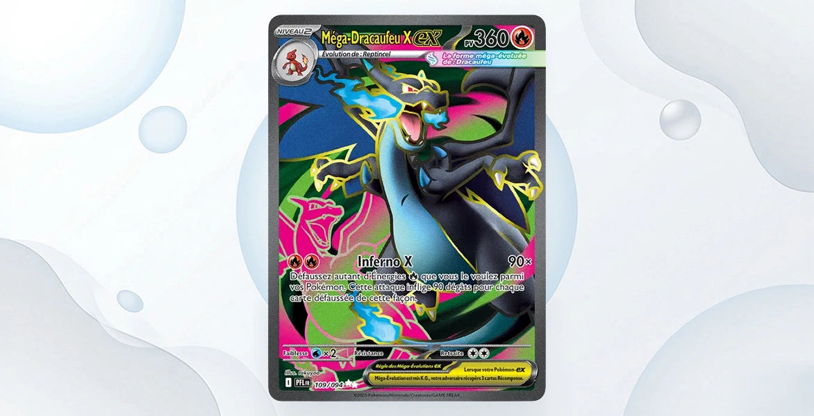 Carte Méga-Dracaufeu X ex 109/94 Flammes Fantasmagoriques ME02, Illustration Rare Dracaufeu noir et bleu fond rose et vert dynamique, 360 PV type Feu, attaque Inferno X 90x