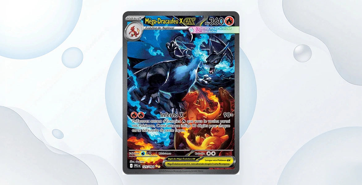 Carte Méga-Dracaufeu X ex 125/94 Flammes Fantasmagoriques ME02, Special Illustration Rare Dracaufeu noir et bleu crachant des flammes bleues avec Salamèche et Dracaufeu rouge en bas, 360 PV type Feu, attaque Inferno X 90x