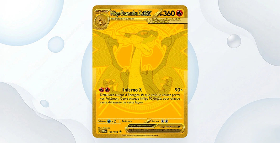 Carte Méga-Dracaufeu X ex 130/94 Flammes Fantasmagoriques ME02, Mega Hyper Rare entièrement dorée, 360 PV type Feu, attaque Inferno X 90x