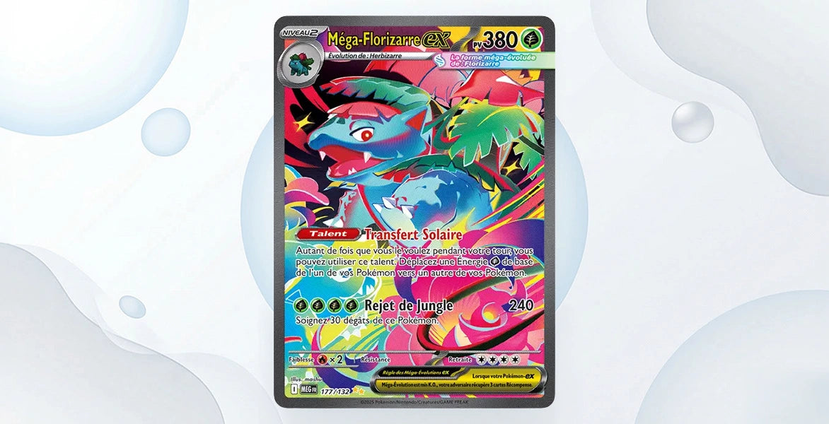 Carte Méga-Florizarre ex 177/132 Méga-Ascension ME01, Special Illustration Rare illustration pop-art colorée rose et vert, 380 PV type Plante, talent Transfert Solaire et attaque Rejet de Jungle 240