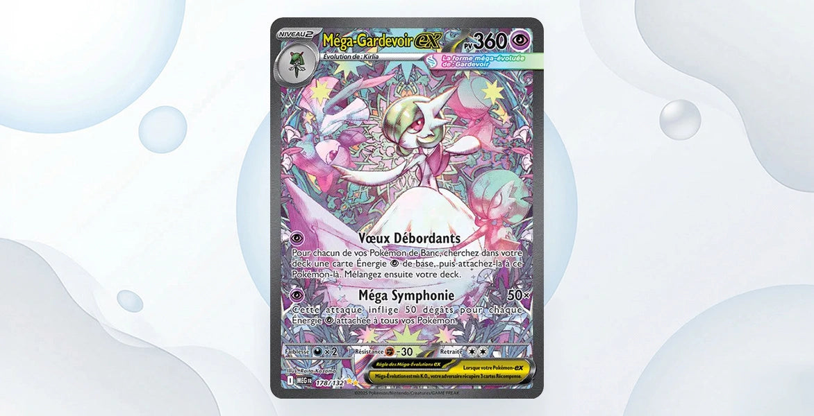 Carte Méga-Gardevoir ex 178/132 Méga-Ascension ME01, Special Illustration Rare rose et blanc style vitrail, 360 PV type Psy, attaques Voeux Débordants et Méga Symphonie 50x