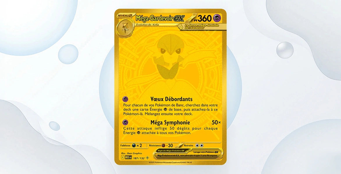 Carte Méga-Gardevoir ex 187/132 Méga-Ascension ME01, Mega Hyper Rare dorée entièrement or, 360 PV type Psy, attaques Voeux Débordants et Méga Symphonie 50x