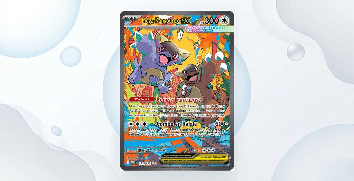 Carte Méga-Kangourex ex 182/132 Méga-Ascension ME01, Special Illustration Rare illustration pop colorée orange et bleu bébé Kangourex et maman, 300 PV type Incolore, talent Course Fructueuse et attaque Combo en Rafale 200+