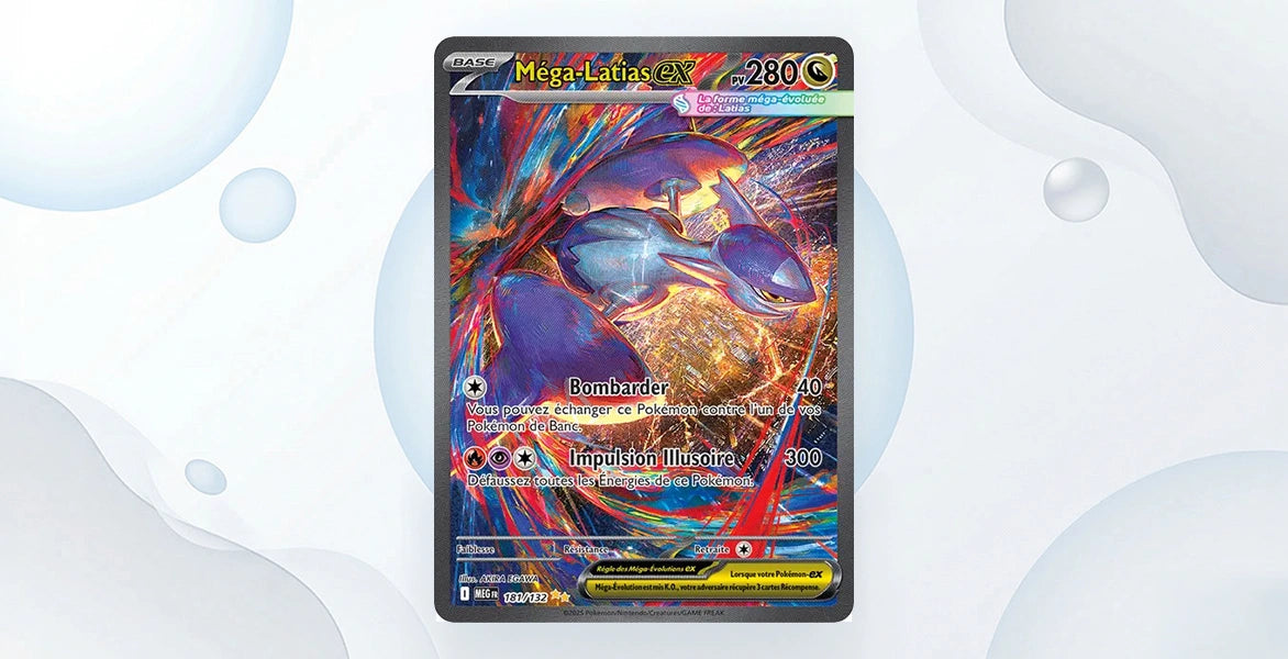 Carte Méga-Latias ex 181/132 Méga-Ascension ME01, Special Illustration Rare illustration dynamique rouge et multicolore, 280 PV type Psy, attaques Bombarder 40 et Impulsion Illusoire 300