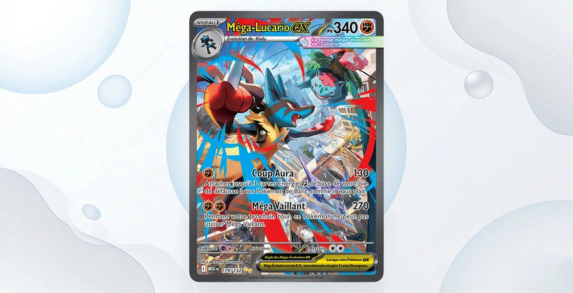 Carte Méga-Lucario ex 179/132 Méga-Ascension ME01, Special Illustration Rare scène de combat urbain colorée, 340 PV type Combat, attaques Coup Aura 130 et Méga Vaillant 270