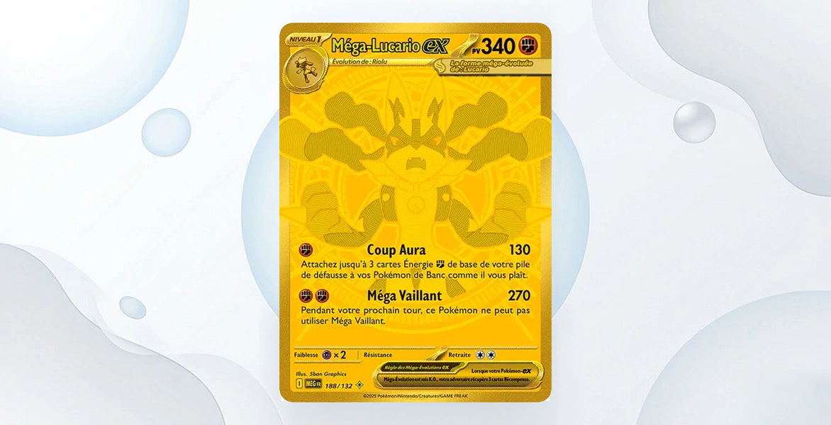 Carte Méga-Lucario ex 188/132 Méga-Ascension ME01, Mega Hyper Rare dorée entièrement or, 340 PV type Combat, attaques Coup Aura 130 et Méga Vaillant 270