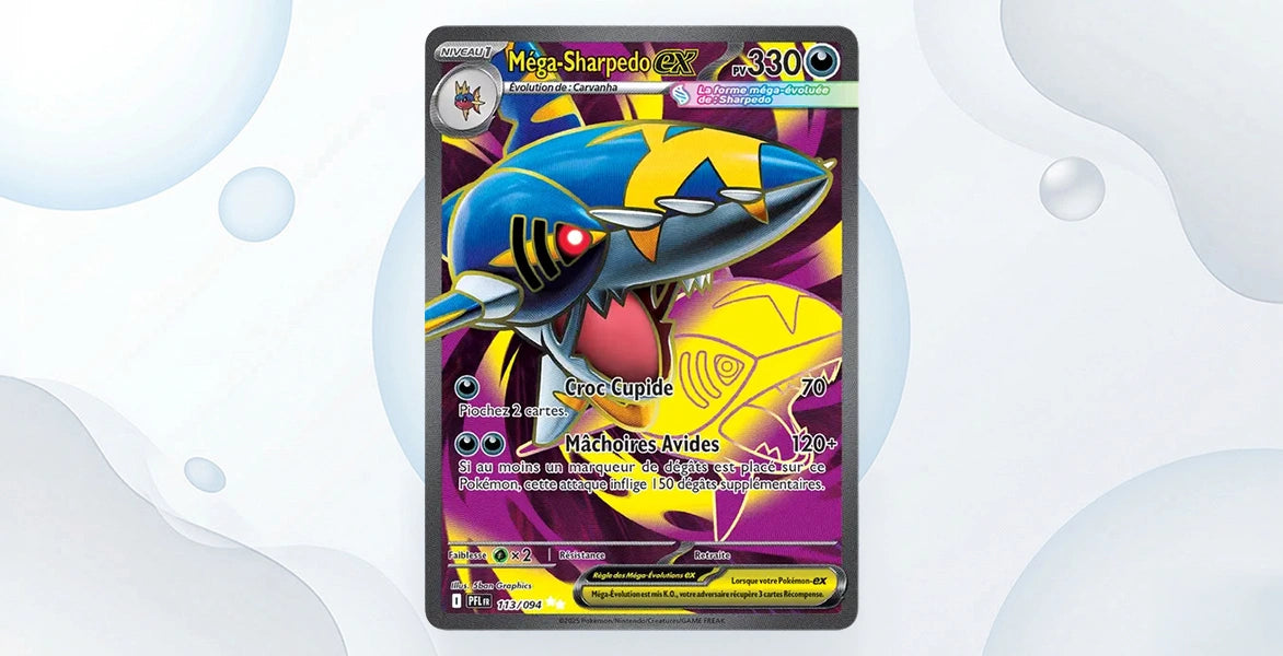 Carte Méga-Sharpedo ex 113/94 Flammes Fantasmagoriques ME02, Illustration Rare Sharpedo bleu et jaune fond violet et jaune graphique, 330 PV type Eau, attaques Croc Cupide 70 et Mâchoires Avides 120+