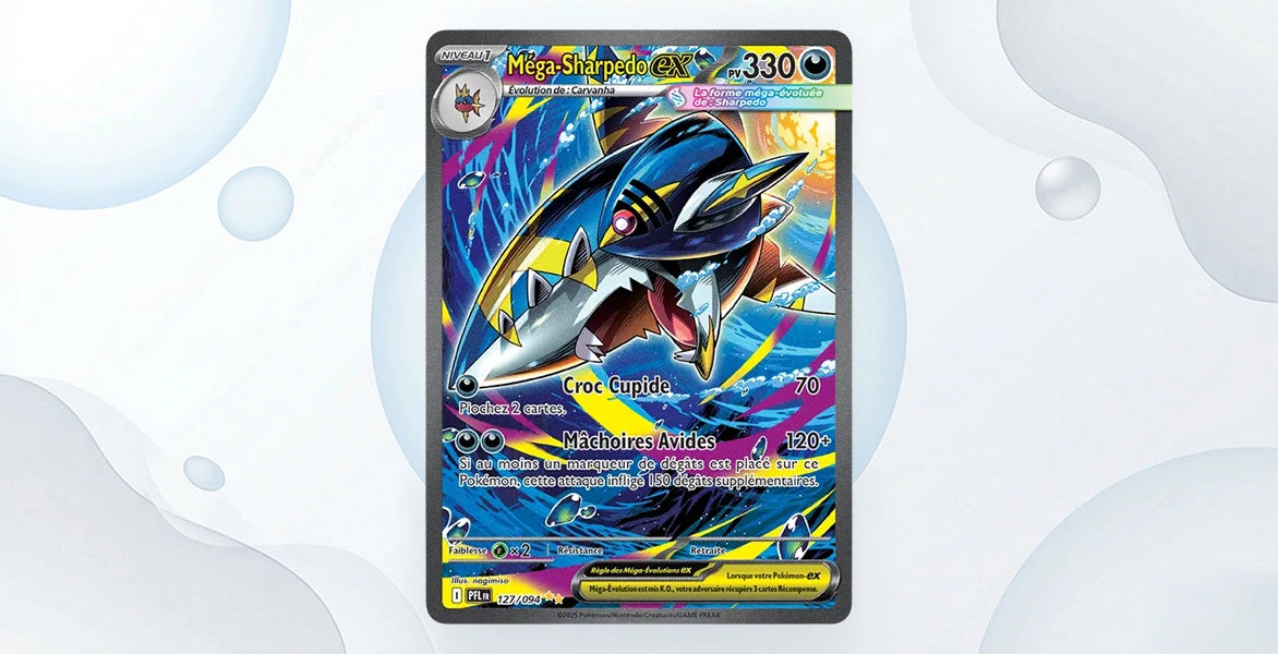 Carte Méga-Sharpedo ex 127/94 Flammes Fantasmagoriques ME02, Special Illustration Rare Sharpedo bleu et jaune fond bleu et violet aquatique, 330 PV type Eau, attaques Croc Cupide 70 et Mâchoires Avides 120+