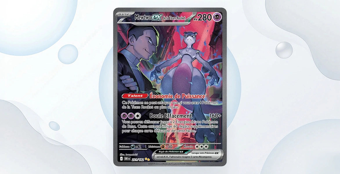 Carte Mewtwo ex de la Team Rocket 231/182 Rivalités Destinées EV10, Special Illustration Rare Mewtwo gris et Giovanni en fond sombre rouge et violet, 280 PV type Psy, talent Économie de Puissance et attaque Boule Effacement 160+