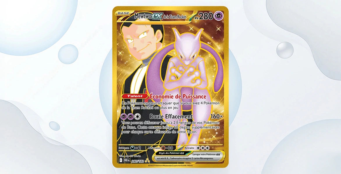 Carte Mewtwo ex de la Team Rocket 240/182 Rivalités Destinées EV10, Hyper Rare dorée Mewtwo violet et Giovanni fond or brillant étoilé, 280 PV type Psy, talent Économie de Puissance et attaque Boule Effacement 160+