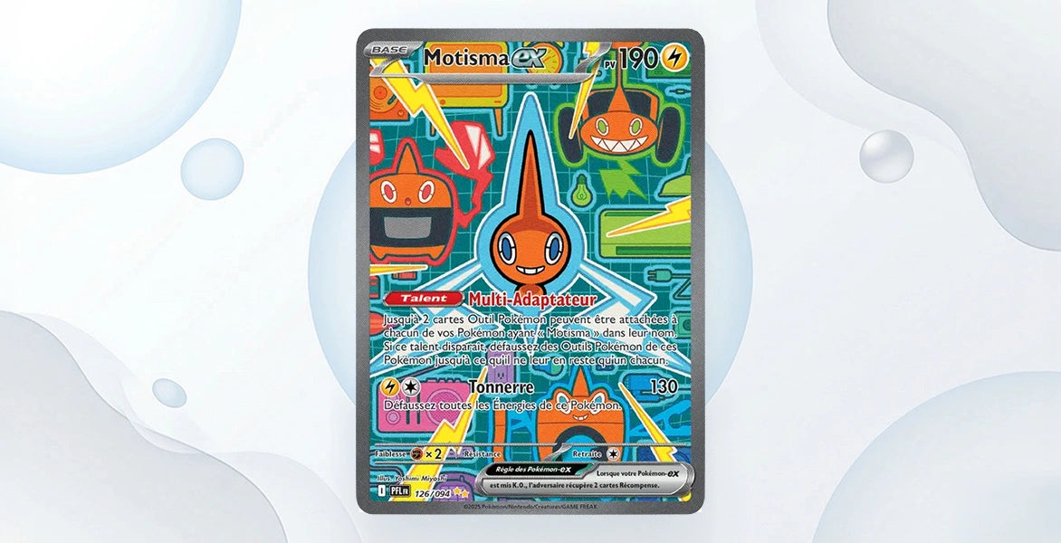 Carte Motisma ex 126/94 Flammes Fantasmagoriques ME02, Special Illustration Rare Motisma orange fond bleu électrique avec outils et éclairs, 190 PV type Électrik, talent Multi-Adaptateur et attaque Tonnerre 130