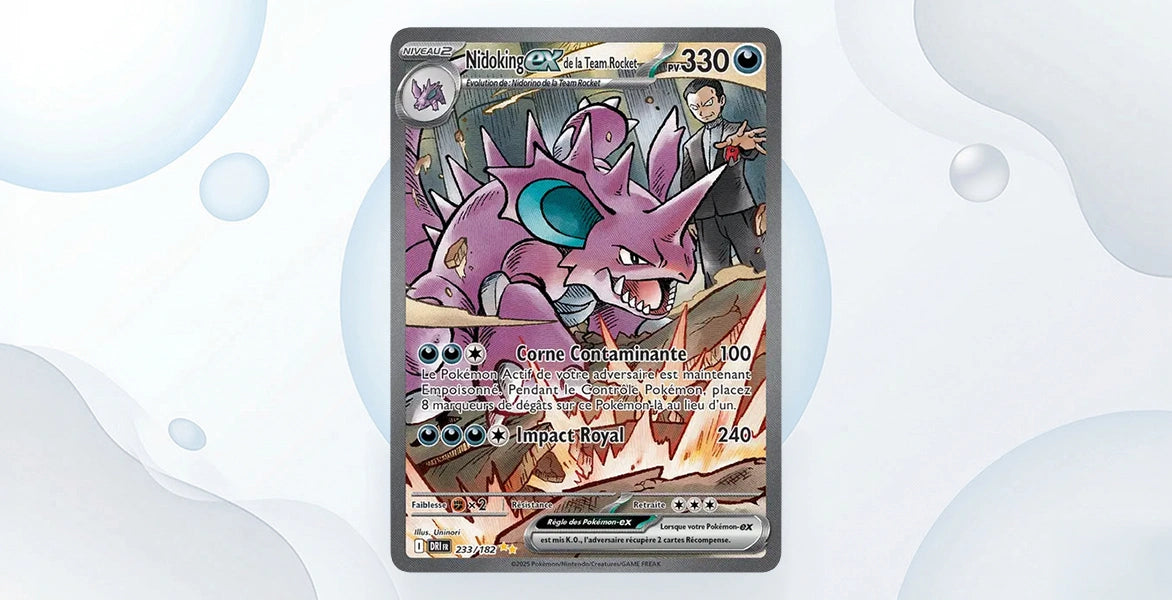 Carte Nidoking ex de la Team Rocket 233/182 Rivalités Destinées EV10, Special Illustration Rare Nidoking violet et Giovanni en costume fond décombres et explosions, 330 PV type Eau, attaques Corne Contaminante 100 et Impact Royal 240