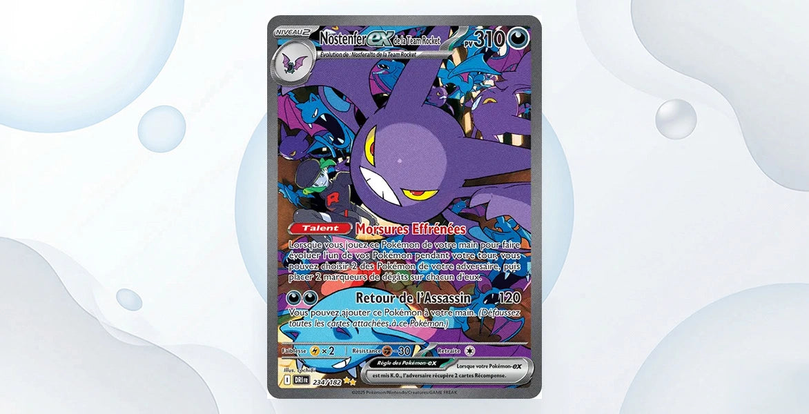Carte Nostenfer ex de la Team Rocket 234/182 Rivalités Destinées EV10, Special Illustration Rare Nostenfer violet entouré d'une nuée de chauves-souris bleues style cartoon, 310 PV type Eau, talent Morsures Effrénées et attaque Retour de l'Assassin 120